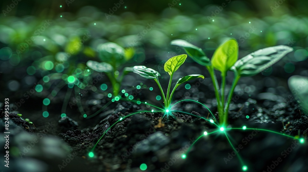 Young plants growing in soil with a digital network overlay representing technology in agriculture. Concept of smart farming and precision agriculture. Young plants growing in soil with a digital network overlay representing technology in agriculture. Concept of smart farming and precision agriculture.
