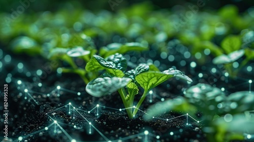 Young green sprouts in soil with digital network overlay, symbolizing modern agriculture, technology integration, and sustainable farming practices. photo