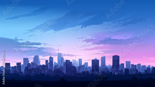 Silhouette of city skyline at twilight with colorful sky. Vector illustration with place for text. Urban landscape and cityscape concept for design and print.