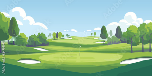 Scenic Countryside Golf Course Landscape with Flags, Greens, and Sand Bunke. Vector illustration