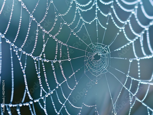 17. Macro photo of a dew-covered spider web, intricate patterns and water droplets, crystal clear and high detail © Tanawut