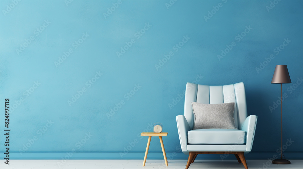 A contemporary white bookshelf against a sky blue wall, housing minimal decor items beside a cozy seating area and a blank empty white frame mockup. A contemporary white bookshelf against a sky blue wall, housing minimal decor items beside a cozy seating area and a blank empty white frame mockup.