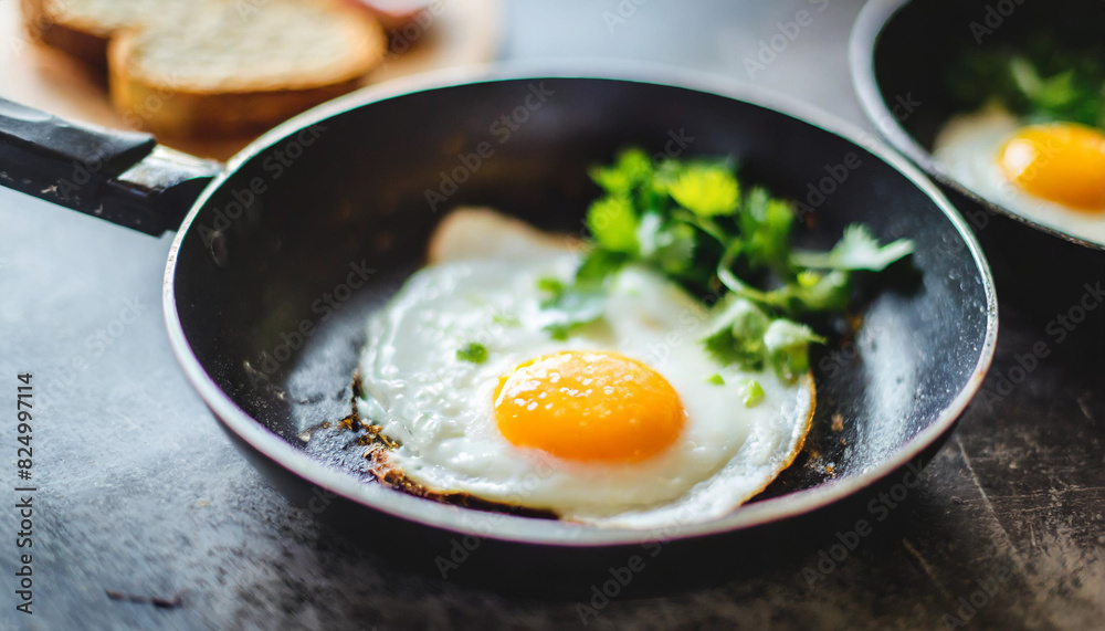 sunny-side-up eggs in a black pan on a white table top, garnished with herbs, exuding a fresh and appetizing appeal ideal for breakfast or brunch imagery sunny-side-up eggs in a black pan on a white table top, garnished with herbs, exuding a fresh and appetizing appeal ideal for breakfast or brunch imagery