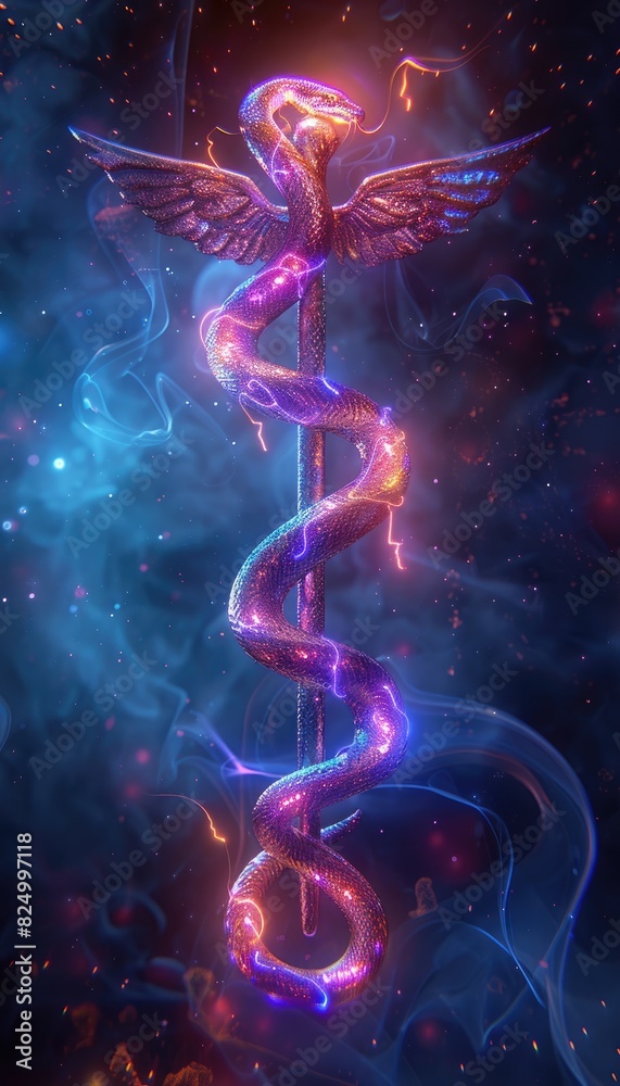 Entwined Neon Snakes Minimal 3D Caduceus Render Entwined Neon Snakes Minimal 3D Caduceus Render