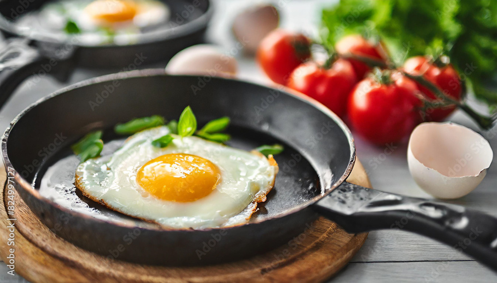 sunny-side-up eggs in a black pan on a white table top, garnished with herbs, exuding a fresh and appetizing appeal ideal for breakfast or brunch imagery sunny-side-up eggs in a black pan on a white table top, garnished with herbs, exuding a fresh and appetizing appeal ideal for breakfast or brunch imagery