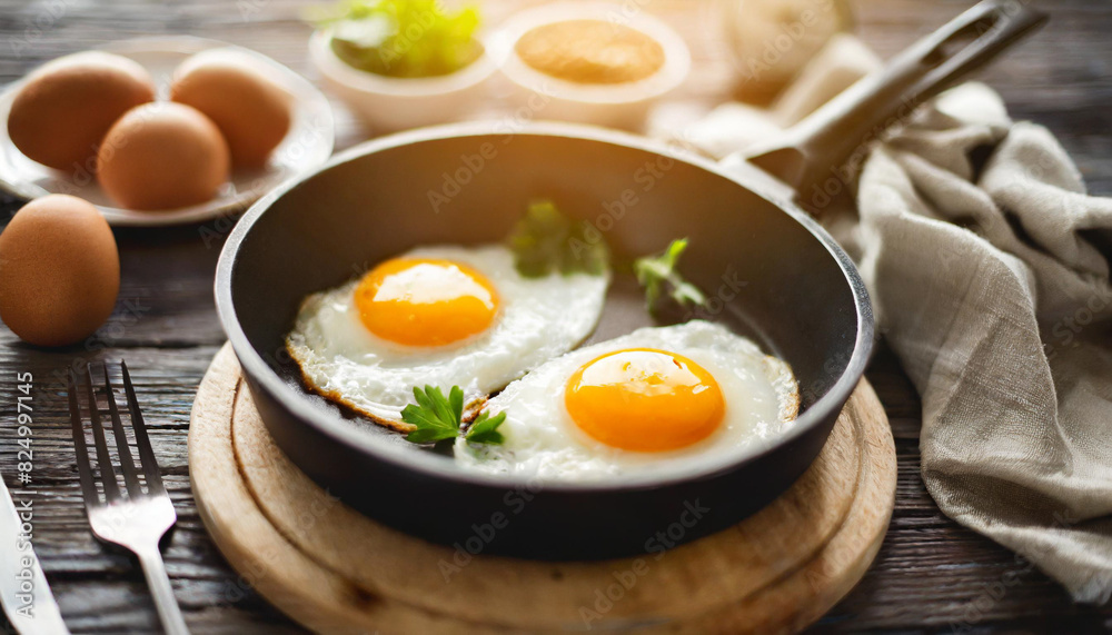sunny-side-up eggs in a black pan on a white table top, garnished with herbs, exuding a fresh and appetizing appeal ideal for breakfast or brunch imagery sunny-side-up eggs in a black pan on a white table top, garnished with herbs, exuding a fresh and appetizing appeal ideal for breakfast or brunch imagery