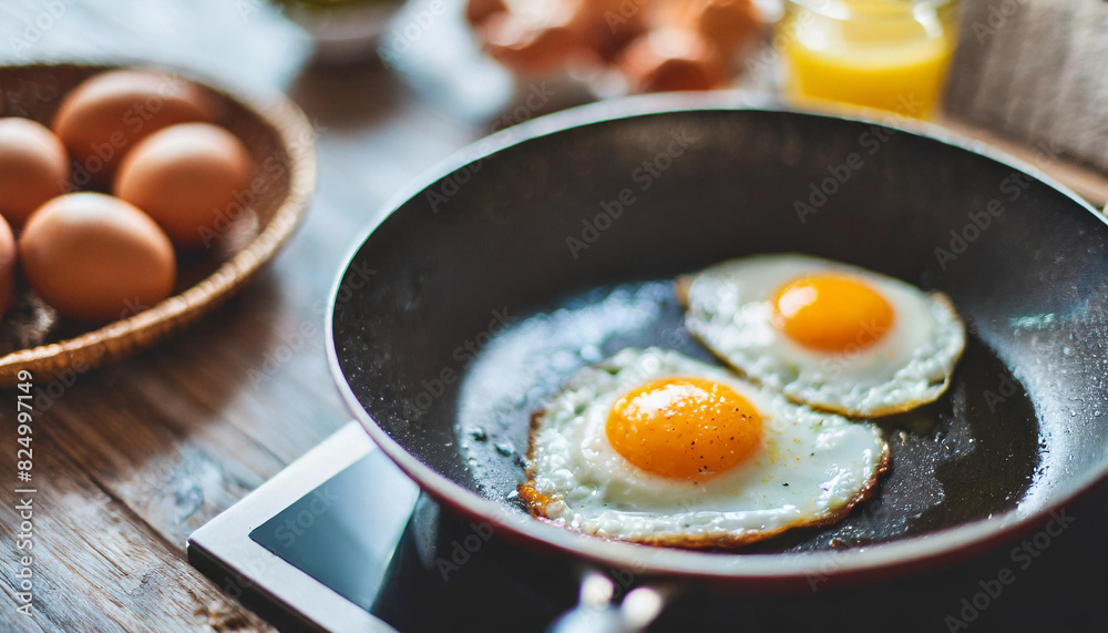 sunny-side-up eggs in a black pan on a white table top, garnished with herbs, exuding a fresh and appetizing appeal ideal for breakfast or brunch imagery sunny-side-up eggs in a black pan on a white table top, garnished with herbs, exuding a fresh and appetizing appeal ideal for breakfast or brunch imagery