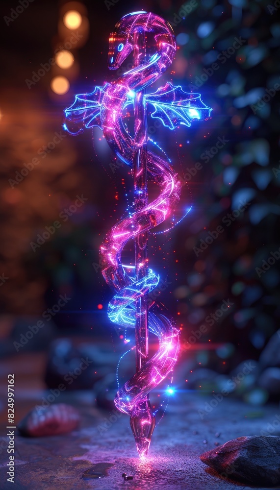 Surreal Medical Caduceus Symbol with Glowing Neon Snakes Surreal Medical Caduceus Symbol with Glowing Neon Snakes