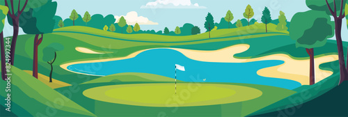 Scenic Countryside Golf Course Landscape with Flags, Greens, and Sand Bunke. Vector illustration
