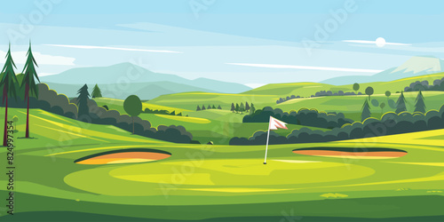 Scenic Countryside Golf Course Landscape with Flags, Greens, and Sand Bunke. Vector illustration