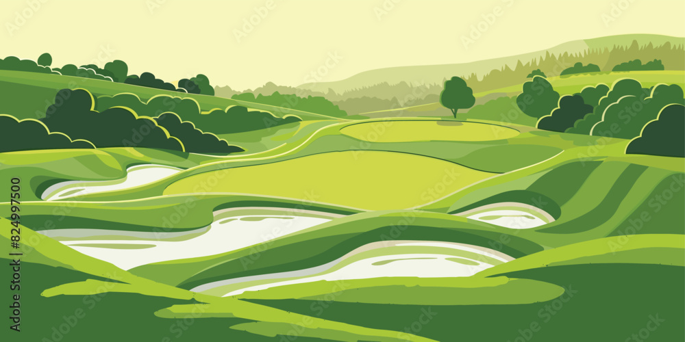 Obraz premium Scenic Countryside Golf Course Landscape with Flags, Greens, and Sand Bunke. Vector illustration