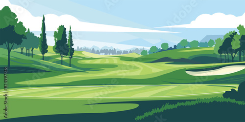 Scenic Countryside Golf Course Landscape with Flags, Greens, and Sand Bunke. Vector illustration