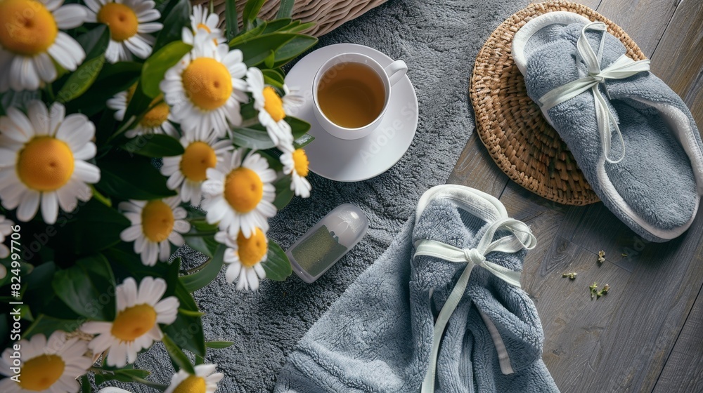 Calm and serene spa environment with a plush robe, slippers, and a cup of herbal tea Calm and serene spa environment with a plush robe, slippers, and a cup of herbal tea