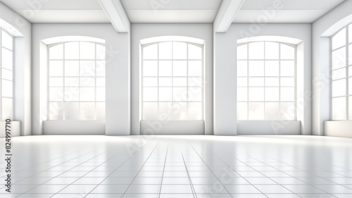 Empty white room with large windows and tiled floor. Minimalistic interior design photography with place for text. Modern architecture and open space concept for design and print.