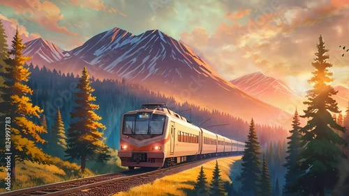 City train with stunning sunset panorama photo