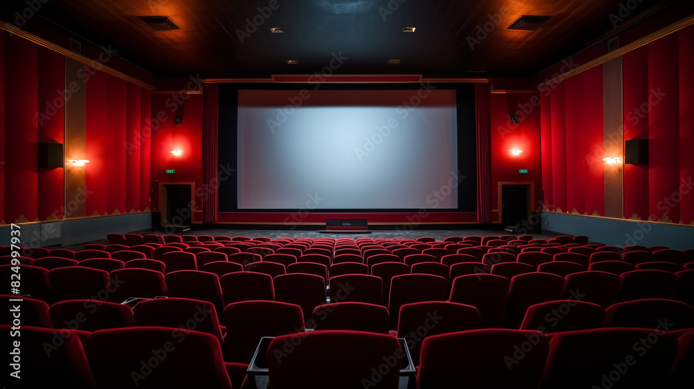 Empty movie theater with red seats and large screen. Cinematic interior photography with place for text. Entertainment and film viewing concept for design and print. Empty movie theater with red seats and large screen. Cinematic interior photography with place for text. Entertainment and film viewing concept for design and print.