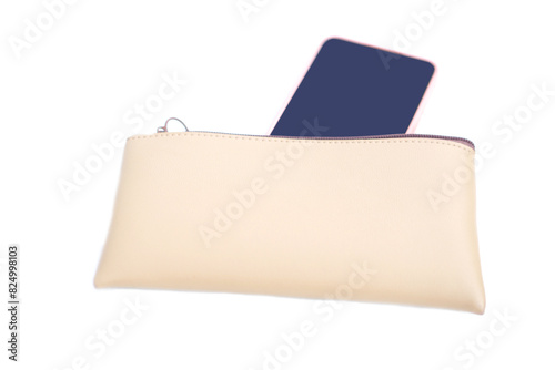 Leather purse with mobile phone on white background. Concept, Multi-purpose leatherbag case for storing miscellaneous items in daily life. Convenient, compact, easy to carry