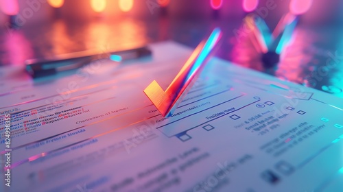 Close-up of a checklist with a neon checkmark indicating completion, vibrant lighting creating a modern and futuristic feel. photo