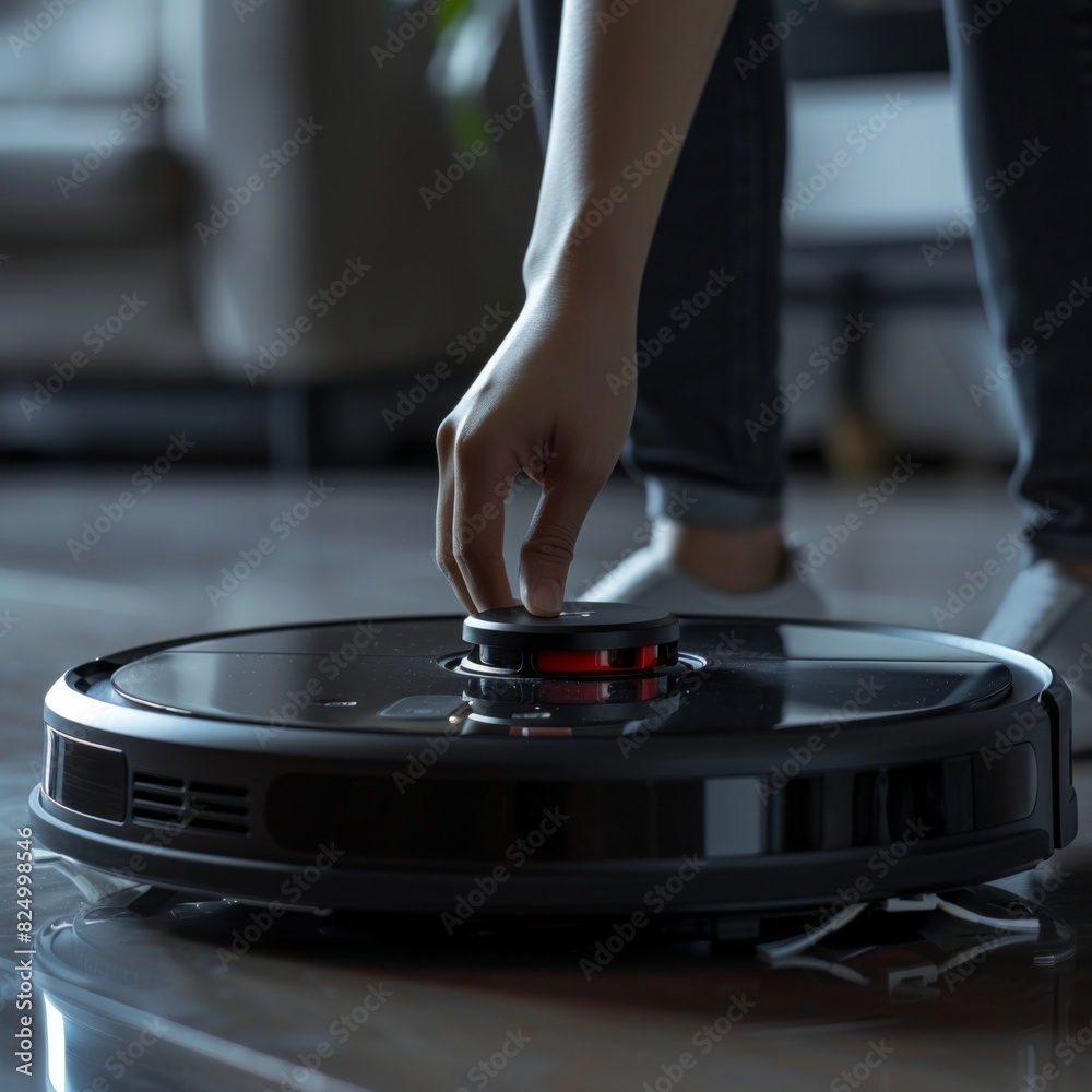 The woman turns on the robot vacuum cleaner The woman turns on the robot vacuum cleaner