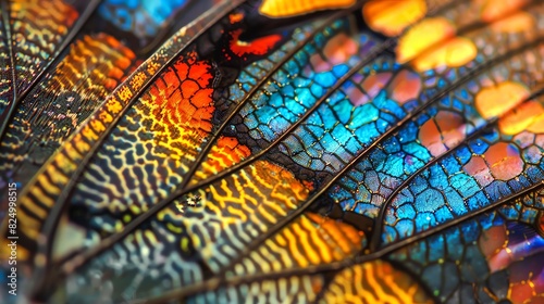 4. Microstructure of a butterfly wing, intricate scale patterns and vibrant colors, high-resolution detail photo