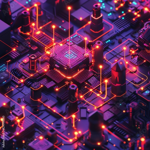 4. Isometric view of a complex network node, interconnected with glowing fiber optic cables, surrounded by digital holograms