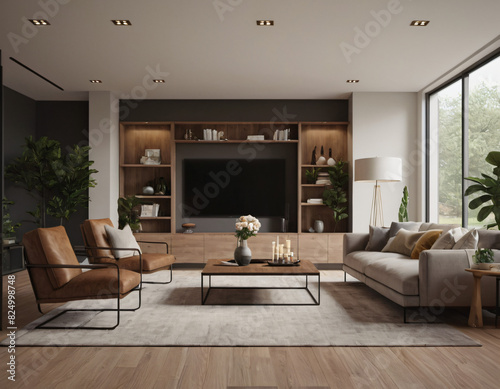 3D render of a modern living room interior  emphasizing comfort and style. Incorporate sleek furniture  a neutral color palette with pops of color  ambient lighting  tasteful d  cor