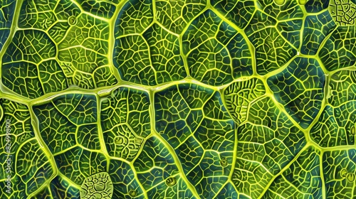 1. Stock photo showing the microstructure of a leaf, detailed veins and cell patterns, vibrant green, high-resolution clarity photo
