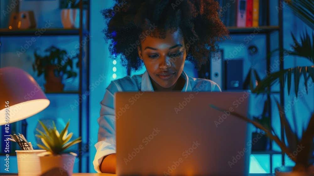 Fototapeta premium Young Black Female Working on Laptop Computer in Creative Office in the Evening. Happy Multiethnic Project Manager Writing Emails, Researching Project Plan Details Online. 