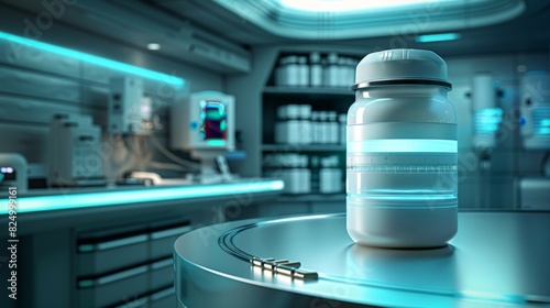 Futuristic container with vitamins in a high-tech laboratory