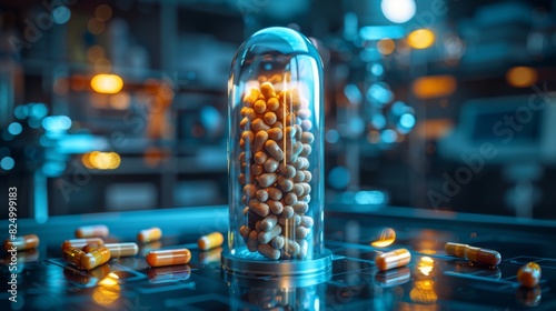 Futuristic container with vitamins in a high-tech laboratory
