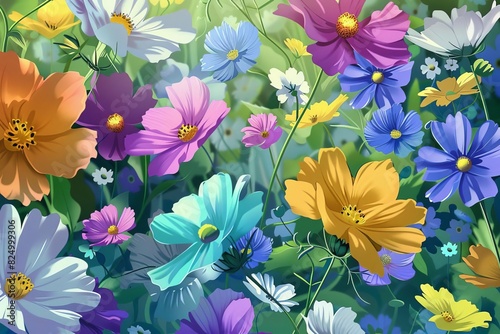 seamless background with still life of colorful summer flowers digital illustration