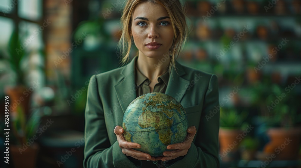 A powerful businesswoman in a sleek green suit holds a globe in her hands, symbolizing her company's commitment to saving the environment, with a futuristic eco-city in the background A powerful businesswoman in a sleek green suit holds a globe in her hands, symbolizing her company's commitment to saving the environment, with a futuristic eco-city in the background