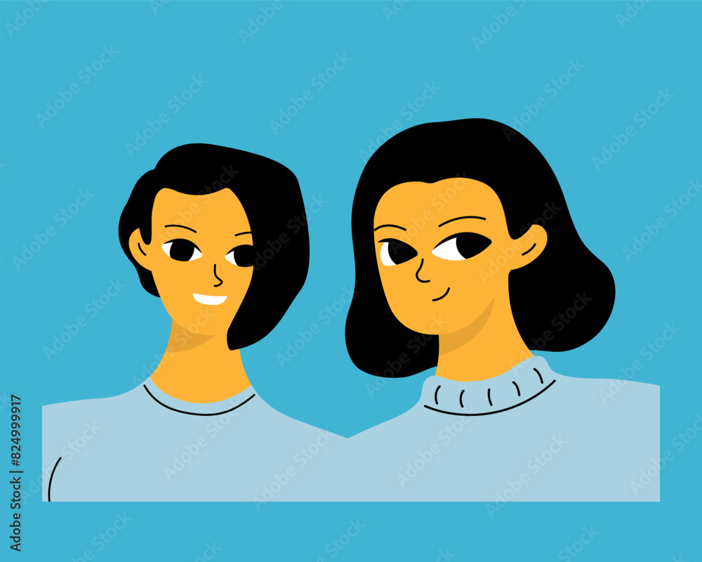 Two friends, sisters or colleagues. Girls with happy faces. Simple vector illustration in cartoon style. Two friends, sisters or colleagues. Girls with happy faces. Simple vector illustration in cartoon style.