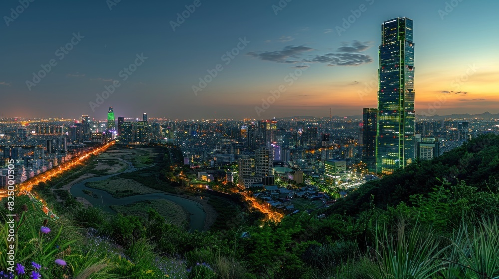 Fototapeta premium A vibrant cityscape at night, powered by green energy, with a prominent corporate tower illuminated in green to symbolize environmental stewardship