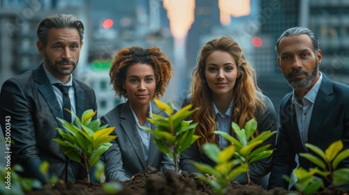 A group of business executives planting a tree together, with a backdrop of a modern city transitioning to green technologies