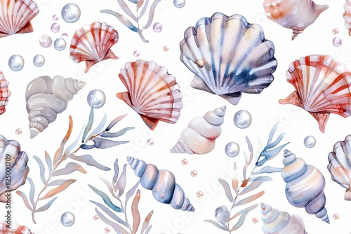 seamless watercolor pattern with seashells seaweed and pearls on white background summer accessories