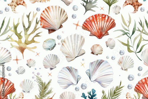 seamless watercolor pattern with seashells seaweed and pearls on white background summer accessories photo
