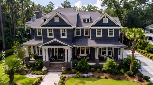 Design an aerial view of a craftsman-style home with a wrap-around porch