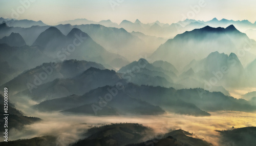 silhouettes of morning mountains. foggy morning in the Carpathians. Mountain landscape   © sergnester