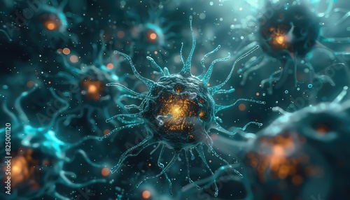 Digital hologram of autoimmune activity, Futuristic, Glowing Blue and Green, 3D Render, Emphasizing immune system imbalance photo