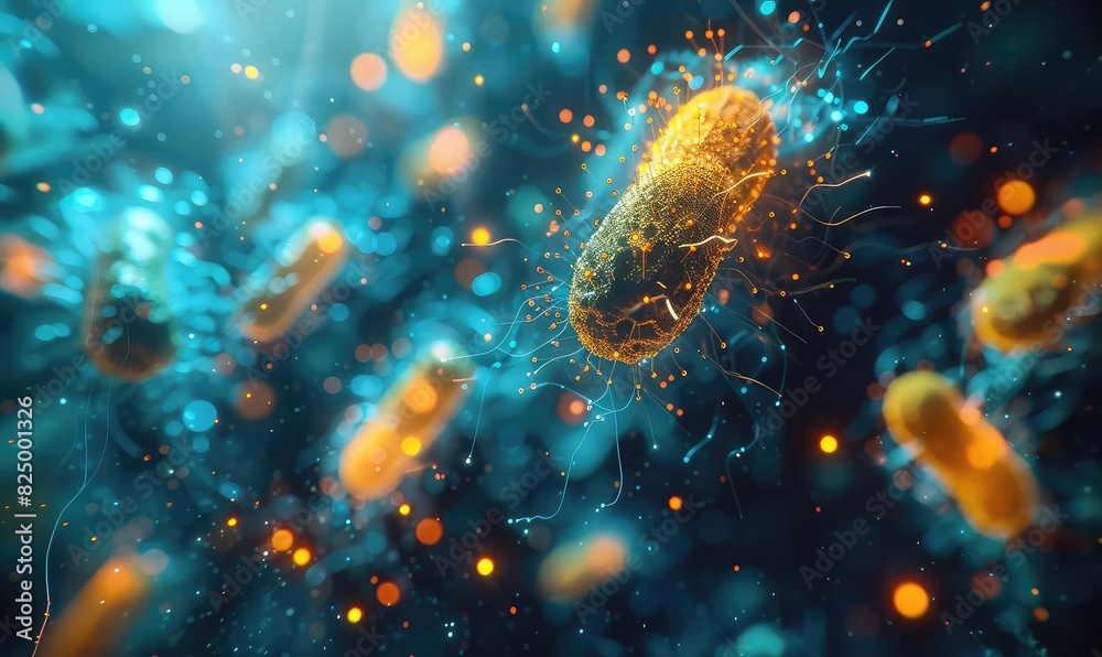 Digital hologram of bacteria, Futuristic, Glowing Blue and Yellow, 3D Render, Emphasizing advanced medical technology Digital hologram of bacteria, Futuristic, Glowing Blue and Yellow, 3D Render, Emphasizing advanced medical technology
