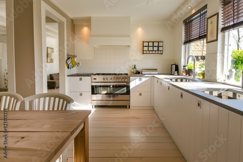 banner of a kitchen with kitchen table and breakfast at the kitchen counter top white cupboards and wooden floor