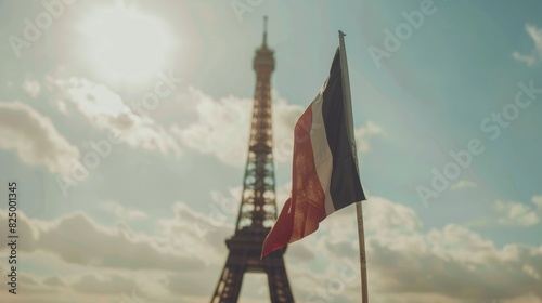 French flag in front of Eiffel Tower, capturing Bastille Day celebration. Celebrate Bastille Day with the French flag waving by the Eiffel Tower.