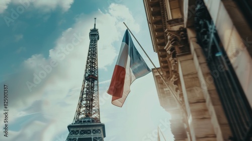 French flag in front of Eiffel Tower, capturing Bastille Day celebration. Celebrate Bastille Day with the French flag waving by the Eiffel Tower.