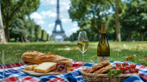 French picnic setup with food and Eiffel Tower background for Bastille Day. Experience Bastille Day joy with a simple French picnic setup.