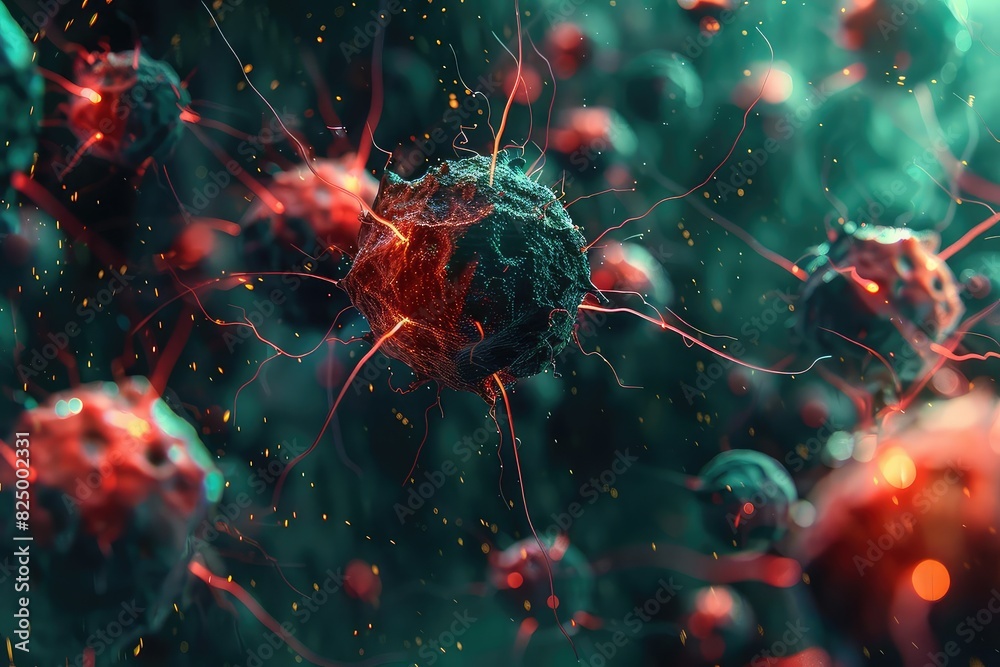 Digital hologram of cancerous activity, Futuristic, Glowing Red and Green, 3D Render, Emphasizing malignant progression Digital hologram of cancerous activity, Futuristic, Glowing Red and Green, 3D Render, Emphasizing malignant progression