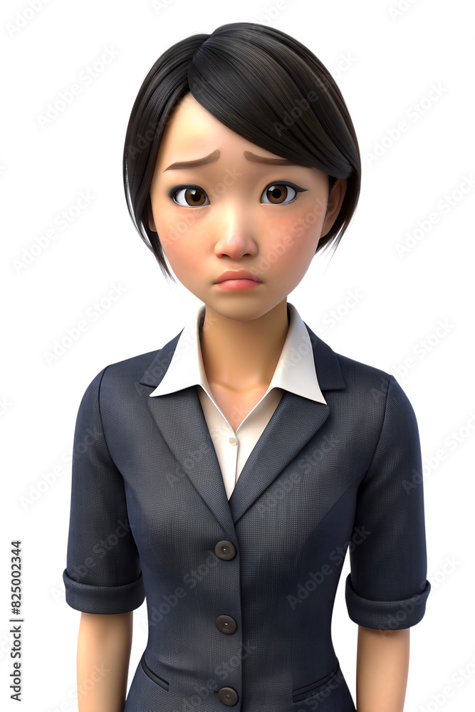 3d cartoon style illustration of A young woman in an office uniform with black hair is looking downwards, looking sad 3d cartoon style illustration of A young woman in an office uniform with black hair is looking downwards, looking sad
