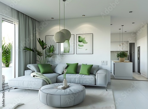 Modern living room interior with a grey sofa