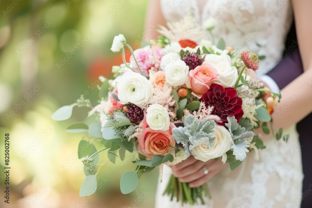 Close-up of a bride's hands holding a beautiful floral bouquet with a variety of roses and greenery