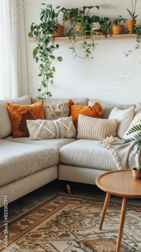 modern Scandinavian corner sofa in light grey color with pillows and blanket against white wall with shelf  carpet on the floor  window with curtains  plants on shelves  cozy home interior design